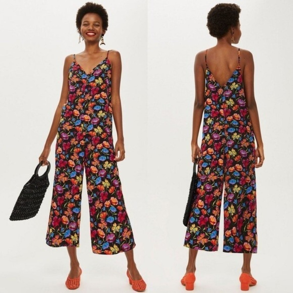 Topshop Womens 8 Bright Colorful Floral Jumpsuit Spaghetti Straps Cropped Wide‎